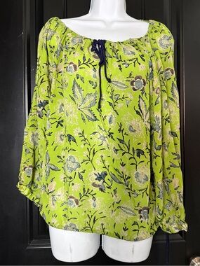 Floral Green Peasant Tunic with Tie Neck